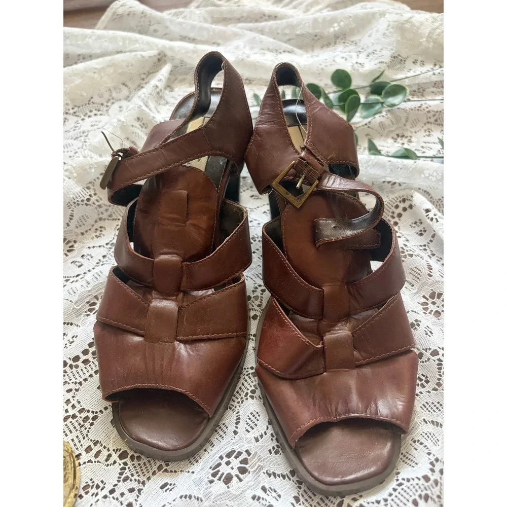 KF‎ Ltd Vintage Brown Leather Strappy Block Heel Sandals Made in Brazil 6.5M